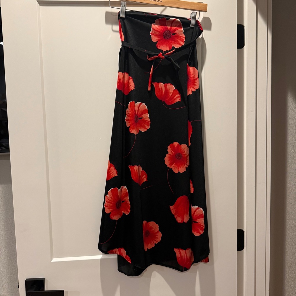 Romantic Goth Vintage 90s Black Red Poppy Floral True Wrap Maxi Skirt